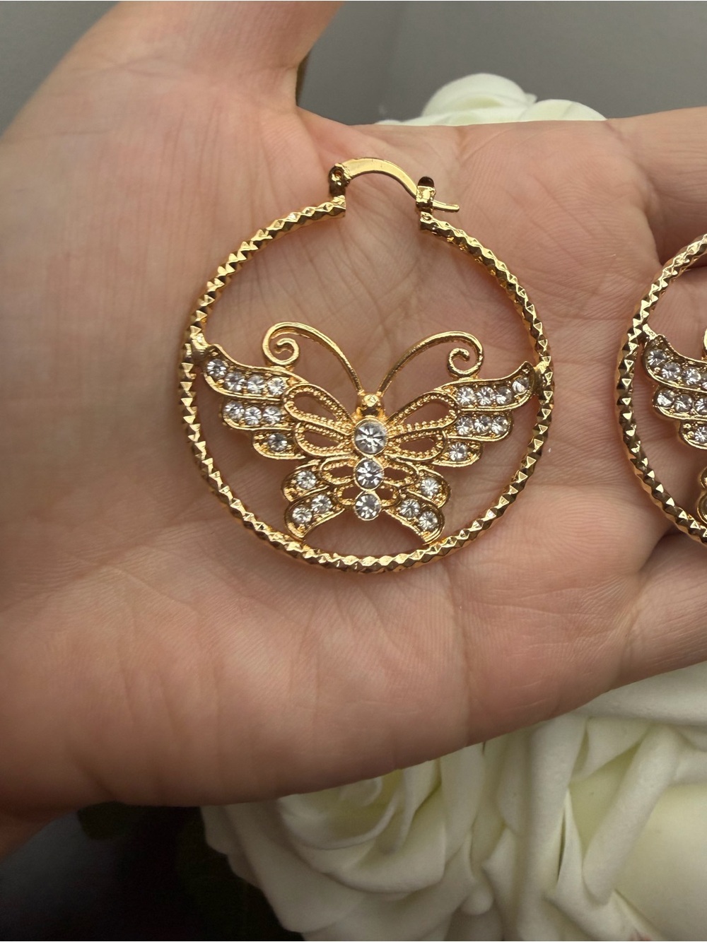 Gold filled Butterfly Crystal Hoop Earrings - Women Jewelry - Picture 3 of 5